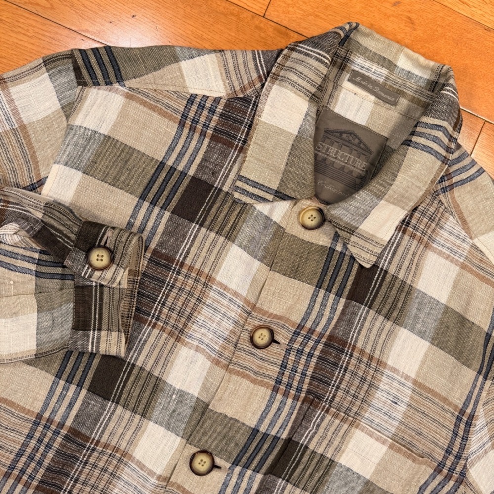 VTG Structure Le Collezioni Mens Plaid Linen Blend Chore Coat Jacket Brown Tan M